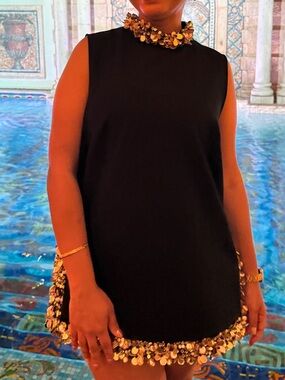 Trina Turk Black Sleeveless Mini Dress with Gold Sequin Trim